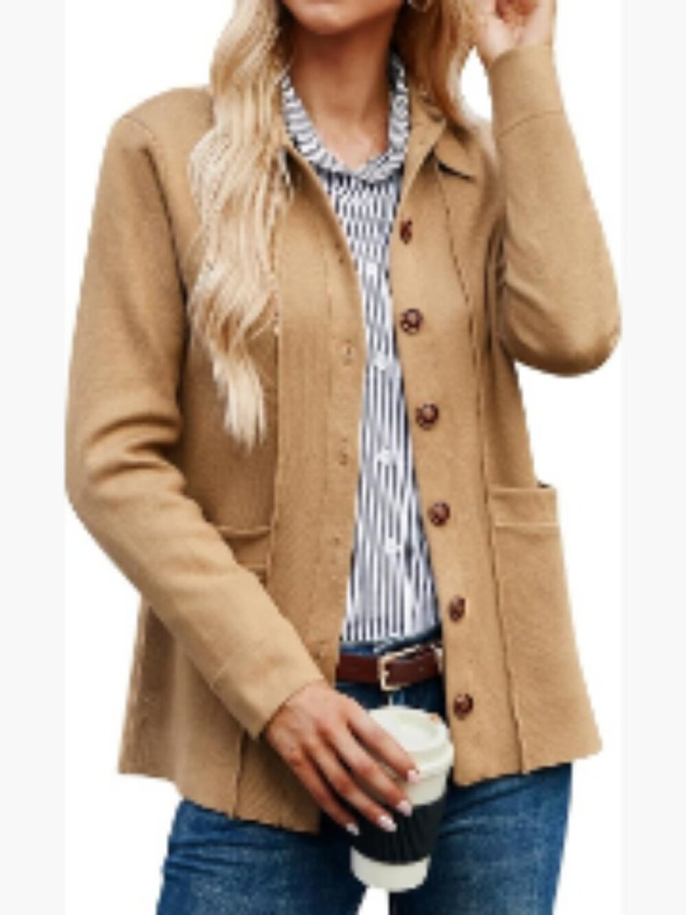 Wool Blend Cardigan Blazer with Pockets, Button Down Casual Jacket